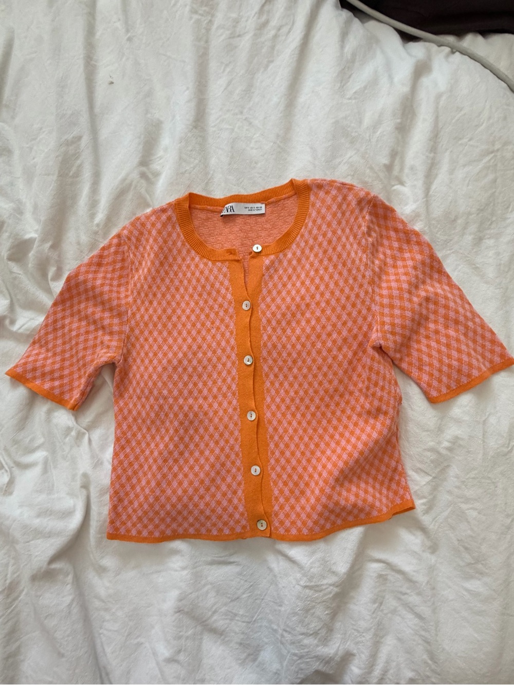 Zara Pink & Orange Checker Knit Button-Front Top